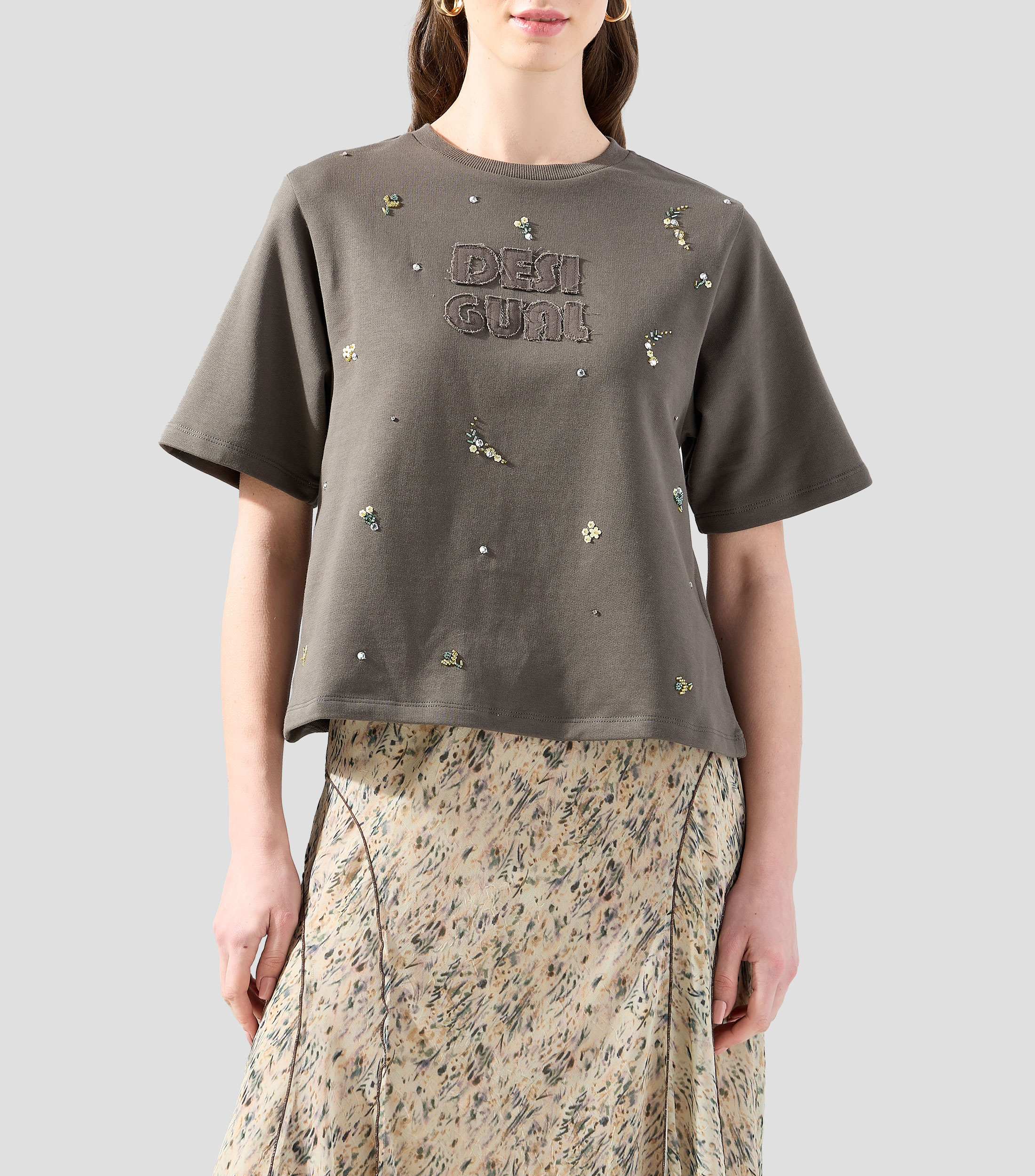 Playera cuello redondo manga corta estampada Mujer